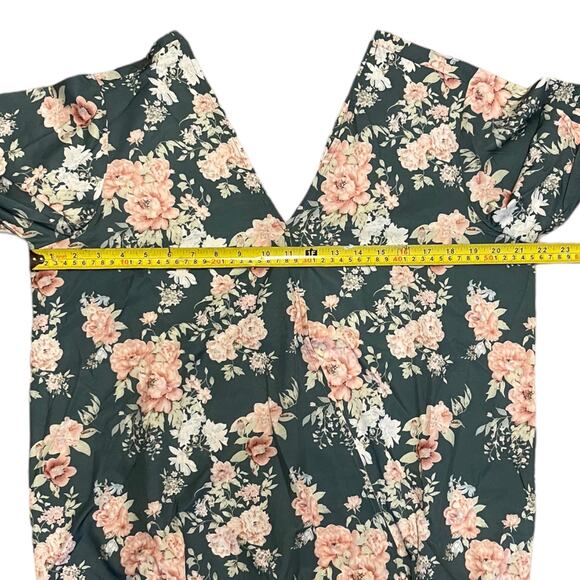 Bloomchic Short Sleeve Green Pink Floral V Neck Wrap Shirt Size 10 - Picture 3 of 5